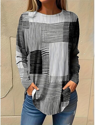 Damen Normal T Shirt Graphic Plaid Vintage Modisch Brautkleider schlicht Langarm Rundhalsausschnitt Normale Oberteile Urlaub Täglich Ausgehen Patchwork Bedruckt Gelb Rosa Hellgrau Ganzjährig