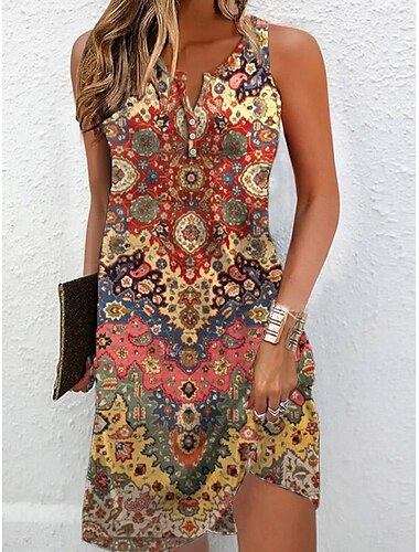  Damen Mini Kleid Petite Kleid T-Shirt Kleid Tee Kleid Sommerkleid Vintage Ethnisch Tribal Outdoor Urlaub Lässig Regulär Passform Floral Farbblock Tribal Ärmellos Schlitzhals