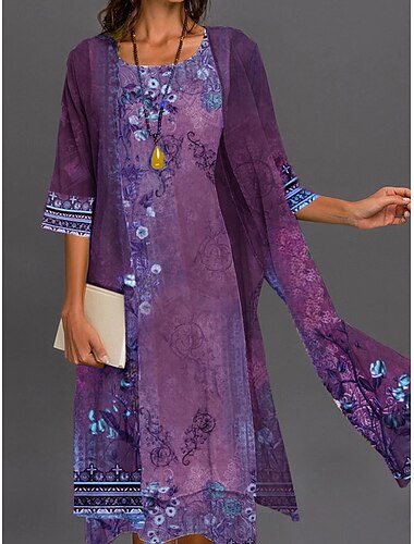  Damen Kleid-Set Formelle Kleidung Ausgefallene Blumen Bedruckt kleid lang 3/4 Ärmel Rundhalsausschnitt Party kleid hochzeitsgast Blau Purpur Grün Sommer Regular Fit