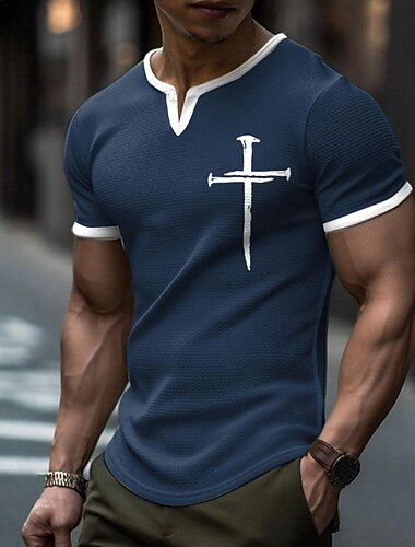  Herre Kors Vaffelskjorte Kortermet T skjorte 3D-utskrift V-hals Skjorte Daglig Designer Gate Daglig Svart Kongeblå Grå Sommer Vår Klær S M L XL XXL XXXL