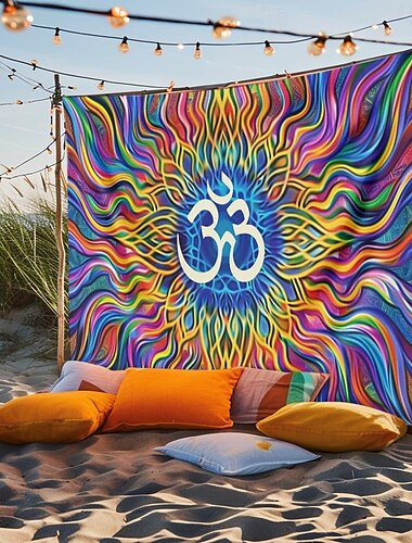  Outdoor Mandala Om Wandteppich zum Aufhängen, Wandkunst, großer Wandteppich, Wanddeko, Fotohintergrund, Decke, Vorhang, Zuhause, Schlafzimmer, Wohnzimmer, Dekoration