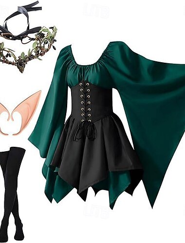  Retro Antiguo Medieval Renacimiento Vestidos Traje de cosplay Feria del Renacimiento Hada élfico Mujer Celta Fantasía Mascarada Rendimiento LARP Feria Ren Adulto Vestido Para la Cabeza