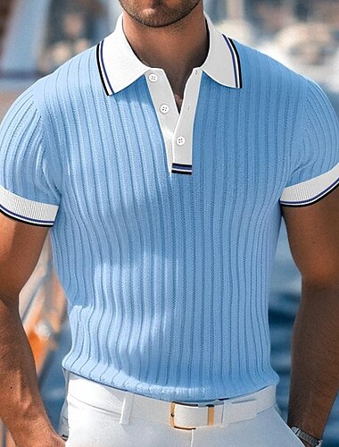  Herren Golfhemd Strickpolo Arbeit Casual Kargen Gerippter Polokragen Kurzarm Basic Modern Farbblock Patchwork Knopf Frühling Sommer Regular Fit Weiß Blau Grün Grau Golfhemd