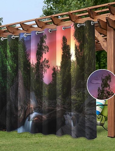  Wasserdichter Outdoor Vorhang Sichtschutzvorhang für den Außenbereich, Schiebevorhänge für die Terrasse, Pergola-Vorhänge mit Ösen, 3D-Wasserfall-Felsen für Pavillon, Balkon, Veranda, Party, 1 Panel