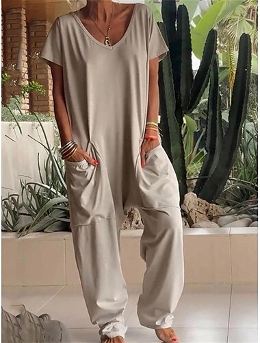  Dames Normaal Jumpsuit Streetwear Effen Kleur Korte mouw V-hals Zak Straat Dagelijks Normale pasvorm Wit Geel Fuchsia Zomer