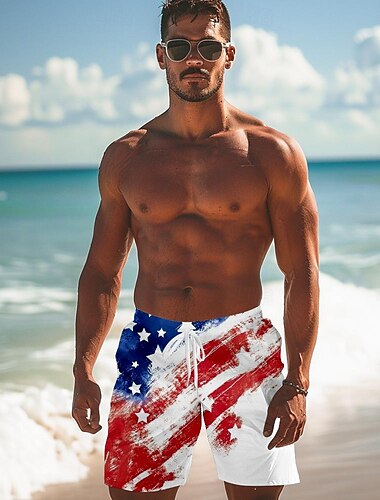  Herren Fahne Amerikanische Flagge Nationalflagge Badeshorts Boardshorts Badeshorts Shorts Kurze Hosen Mittlere Taillenlinie Modisch Strassenmode Hawaiianisch Casual Täglich Festtage Tasche Kordelzug
