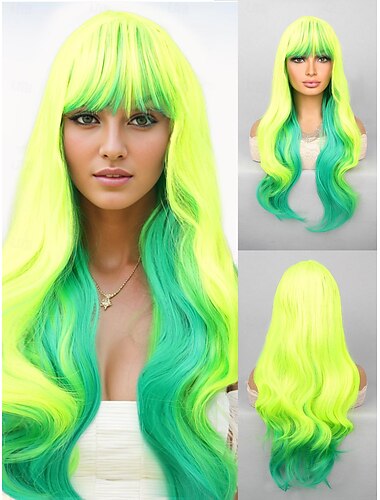  Synthetische Perücken Wogende Wellen Gerader Pony Perücke 26 Zoll grün fluoreszierend Synthetische Haare Damen Grün