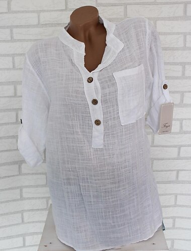  Per donna Camicia Camicie di cotone e lino Abbottonare Blusa Semplice Moda Scollo a V Streetwear Quotidiano Bottoni Tasca Bianco Rosso Blu Beige Estate