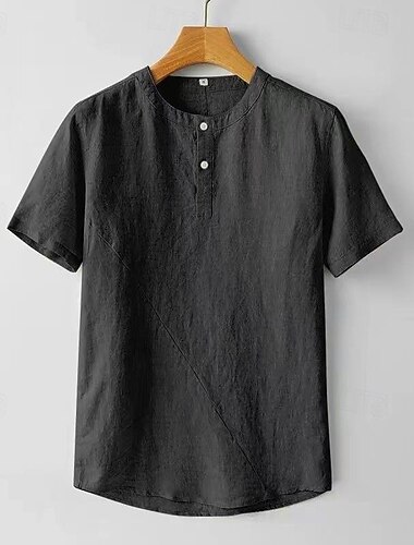  男性用 シャツ リネンシャツ ポップオーバー シャツ カジュアルシャツ コットンシャツ 平織り バケーション ストリート ブラック ホワイト ネイビーブルー スカイブルー 半袖 Band Collar 夏 衣類