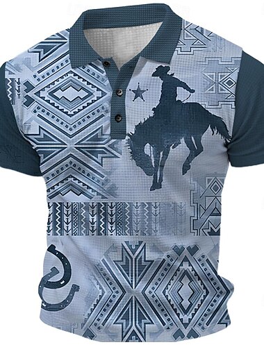  Herren Westernkleidung Waffel-Poloshirts Golfshirt Kurzarm Polo-Shirts Hemden mit Kragen Vintage Lässig Urlaubskleidung Party-Outfits Knöpfe 3D-Druck Sommer Frühling Blau Braun Grau