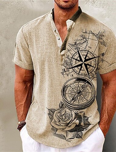 Hombre Camisa camisa de lino Camisa de playa Estampados Exterior Vacaciones Rosa Azul Piscina Verde Trébol Caqui Manga Corta Escote Chino Verano Primavera Ropa Estampado