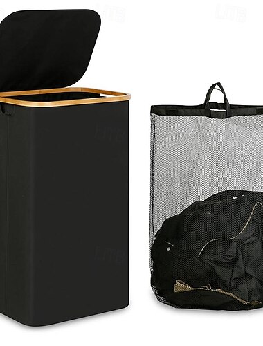  Корзина для белья с крышкой на 100 л, корзины для белья с бамбуковыми ручками и съемным мешком для белья, большая складная корзина для белья для спальни, ванной комнаты, общежития, прачечной