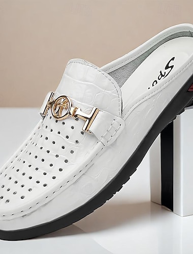  mocassins à enfiler à motif crocodile blanc pour hommes - mules en cuir avec boucle dorée pour une tenue décontractée et formelle