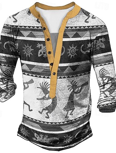  Herren Stammes Grafikdrucke Henley Hemd Grafischen T-Shirt Vintage-Shirt Langarm 3D-Druck Basic Ethnisch Lässig Outdoor Urlaub Täglich Frühling & Sommer Blau Khaki Grau Henley Henley T-Shirt
