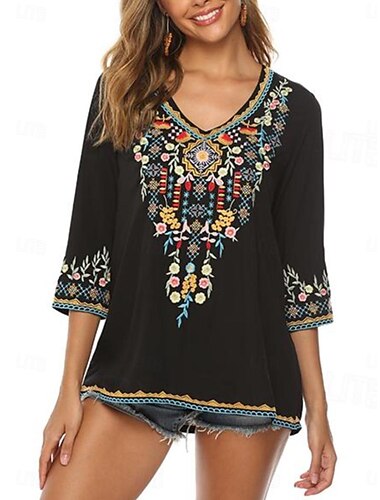  Damen EU- / US-Größe Hemd Blumen Stilvoll Brautkleider schlicht 3/4 Ärmel V Ausschnitt Normale Oberteile Täglich Bestickt Schwarz Weiß Rote Himmelblau Purpur Sommer Frühling Herbst