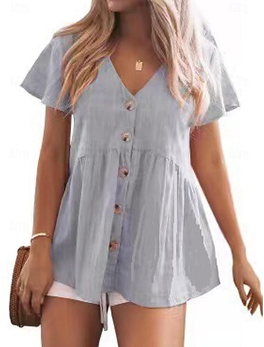  Shirt Button Up Blouse Dressy Tops Women's Black Pink Red Plain Buttons Street Daily Fashion V Neck Regular Fit S