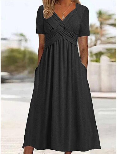 Damen A Linie Kleid Maxidress Tasche Basic Brautkleider schlicht V Ausschnitt Kurzarm Schwarz Rote Blau Farbe
