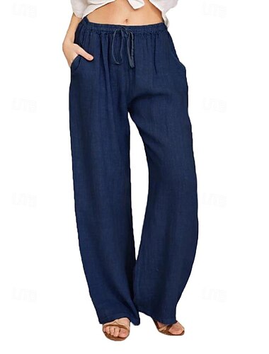 Mujer Pantalones de lino y algodón Pantalones Casual / Diario Largo Plano Correa Bolsillos laterales Transpirabilidad Cómodo Rígido Fin de semana Blanco Azul Marino Caqui Gris Verano Ajuste regular