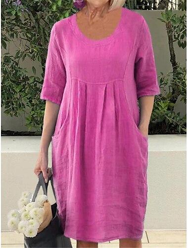  Damen Marineblau Himmelblau Grün Sommer Frühling Minikleid Leinen-inspirierte Kleider Freizeitkleid Basic Modern Täglich Wochenende Lässiger Schnitt Einfach Rundhalsausschnitt