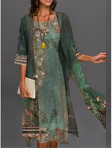  Dames Jurk Set Formele jurk Formeel Bloemig Afdrukken Lange jurk maxi-jurk 3/4 mouw Strakke ronde hals Feest Bruiloft gast blauw Paars Groen Zomer Normale pasvorm