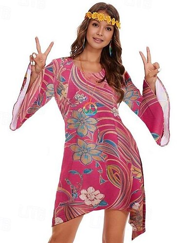  Retro Vintage 1970er 70er-Jahre Damenkostüm Glockenärmel Hippie Blume / Blumenmuster U-Ausschnitt Damen Halloween Karneval Maskerade Party Alltagskleidung Pride Parade Erwachsene Kleid Ganzjahres