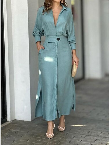  robe chemise femme maxi robe longue bureau quotidien basique moderne col chemise poche manches longues été printemps coupe régulière uni