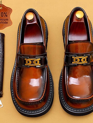  Mocassins en cuir de vachette de qualité supérieure pour hommes avec détail de chaîne en or – chaussures habillées marron élégantes à enfiler pour une tenue formelle et professionnelle