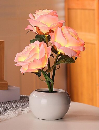  Lámpara de mesa con flores de San Valentín, luz de noche LED 3D con forma de rosa, luces de mesa, simulación de flores con jarrón, adornos de lámpara de mesa para decoración del hogar, sala de estar, dormitorio, 1 pieza