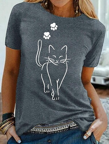  Damen T Shirt Katze Basic Kurzarm Rundhalsausschnitt Normale Oberteile Casual Wochenende Bedruckt Schwarz Weiß Grau