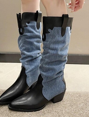  Botas de mujer con retazos de mezclilla azul y punta puntiaguda, botas por encima de la rodilla a la moda, botas de vaquero del oeste con tacón grueso, piel sintética, color beige y azul
