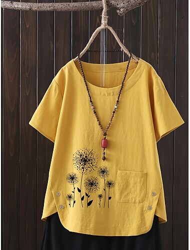  Per donna Taglie Forti Camicie ispirate al lino Maglietta Fiore Quotidiano Manica Corta Girocollo Top Regolari Quotidiano Stampato Bianco Giallo Rosa Primavera Tutte le stagioni
