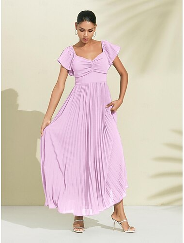  Robe longue d'invité de mariage en mousseline de soie pour femmes, élégante, bleue, plissée, col en v, manches courtes, ligne a, robe de soirée formelle