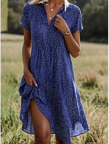  Damen Polka Dot Rüschen Saum Hemdkragen Minikleid Casual Täglich Kurzarm Sommer