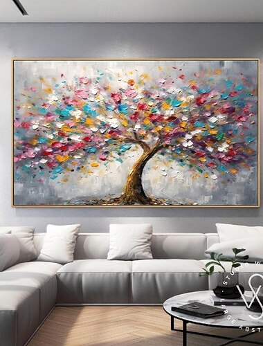  übergroßes buntes Blütenbaum-Ölgemälde handgemachtes abstraktes Wanddekor Boho Baumlandschaft Ölgemälde Wanddekor Geschenk zeitgenössisches Kunstwerk für Wohnzimmer einzigartiges Baumkunstwerk