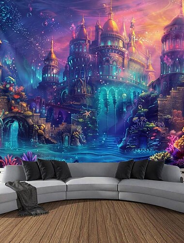  Schwarzlicht Wandteppich UV reaktiv im Dunkeln leuchtend Party Neon Quallen Fantasie Unterwasser Natur psychedelisch trippig neblig hängender Wandteppich Wandbild für Wohnzimmer Schlafzimmer