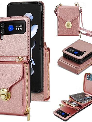  téléphone Coque Pour Samsung Galaxy Z Flip 6 Z Flip 5 Z Flip 4 Z Flip 3 Coque Arrière Coque à Rabat Fermeture Éclair avec Lanière Emplacement Carte Rétro PC faux cuir