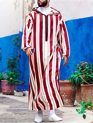  Hombre Ropa de salón Bata de noche Camisa de dormir Raya Elegante Confort Batas tipo kimono Hogar Diario Mezcla de Algodón Transpirable Sudadera Manga Larga Primavera Rojo