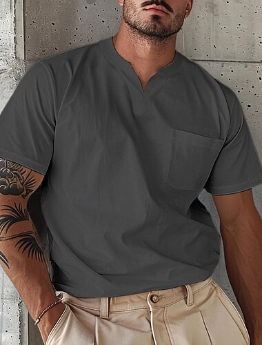  Men's T Shirt Tee Top Short Sleeve V Neck Summer Plain Fashion Designer Basic Buttons Front Pocket Vacation Going out Casual Daily Light Blue Army Green Navy Top Tee for Men