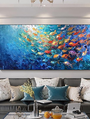  handgemaakte originele zwemmende vissen blauwe oceaan olieverfschilderij op canvas extra grote muurkunst abstracte viskunst aangepaste schilderij minimalistische woonkamer decor cadeau geen frame