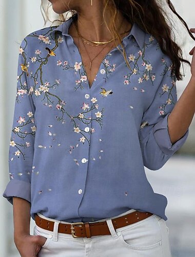  Damenhemd Floral Print Button Grün Lila Blau Langarm Lässig Urlaub Elegant Mode Hemdkragen Frühling Sommer