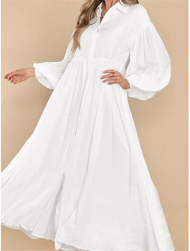  Femmes Robe maxi Robes inspirées du lin Robe Décontractée Robe évasée Robe d'été Streetwear Robe Maxi Basique Vacances Rue Fête Coupe régulière manche longue Col de chemise Noir Blanche Rose Claire