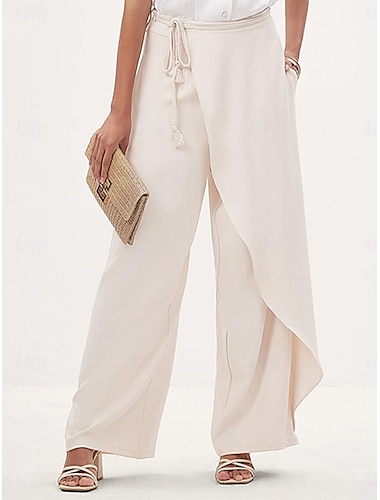  Dam Byxor Elegant Mode Fullängd Slät Asymmetrisk Oelastisk Arbete Beige Sommar Vår Höst Lös passning