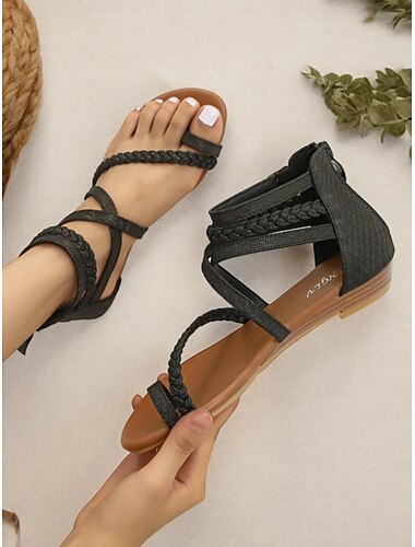  Flache Riemchensandalen im Boho-Stil für Damen mit geflochtenem Design – bequeme und stylische offene Schuhe für Sommer, Strand und Freizeit