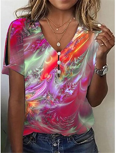  女性用 Tシャツ タイダイ ファッション 近代の 半袖 Ｖネック レギュラートップス 日常 ボタン プリント ルビーレッド ブルー パープル グリーン 夏