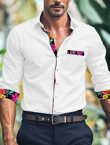  Herren Hemd leinenhemd Sommerhemd Strandbekleidung Knopfhemd Schwarz Weiß Rosa Blau Langarm Glatt Kragen Frühling Sommer Casual Täglich Bekleidung