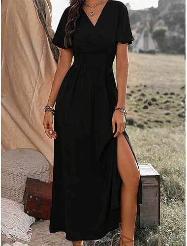  Mulheres Vestido de verão Vestido Longo Bainha com babados Encontro Roupa de rua Maxi Decote V Manga Curta Preto Azul Marinha Verde Cor