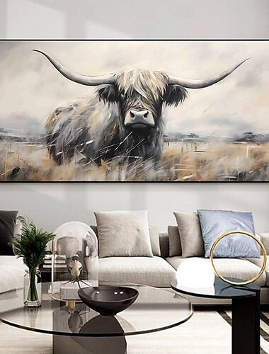  Pintura al óleo hecha a mano, lienzo, decoración de arte de la pared, animal pastoral nórdico, yak abstracto para sala de estar, decoración del hogar, pintura enrollada sin marco y sin estirar