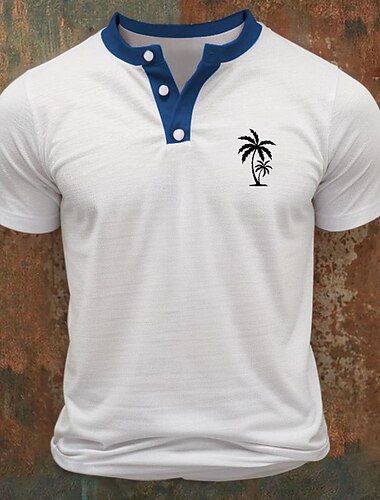  男性用 ボタンTシャツ Tシャツ ヘンリーシャツ 半袖シャツ 半袖 ヘンリー 春夏 カラーブロック ココナッツの木 ファッション デザイナー ベーシック パッチワーク バケーション ストリート お出かけ ブラック ルビーレッド ブルー メンズトップTシャツ