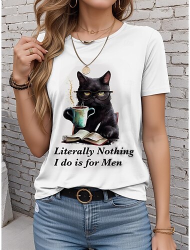  Damen T Shirt Katze Buchstabe Basic Brautkleider schlicht Kurzarm Rundhalsausschnitt Normale Oberteile Täglich Bedruckt Weiß / Schwarz Weiß Sommer
