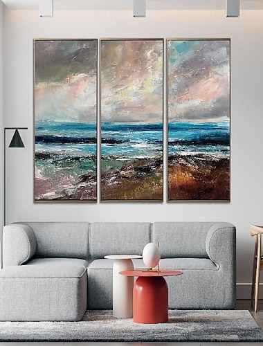  pinturas abstratas pintadas à mão sobre tela textura artesanal oceano mar pintura a óleo arte azul artesanal pinturas trípticas para decoração de parede de sala de estar